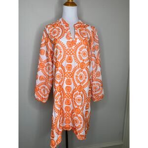 Orange Cream Embroidered Floral Shift Dress Sz Medium ? Cotton Preppy